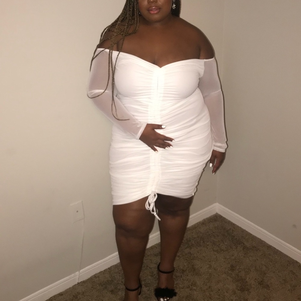 White Mesh Ruched Bardot Midi Dress